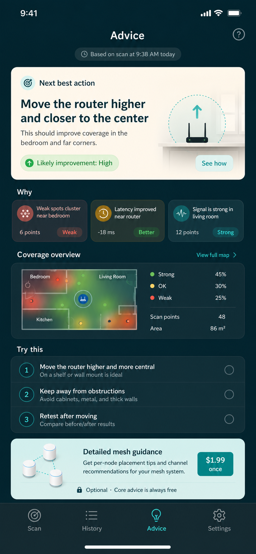SignalNest advice screen explaining the latest router placement recommendation