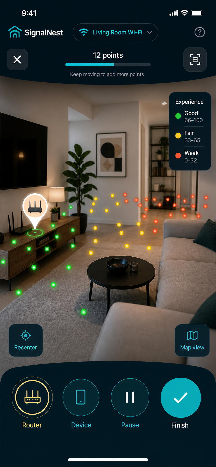 SignalNest AR scan screen showing green, amber, and coral Wi-Fi quality points in a room