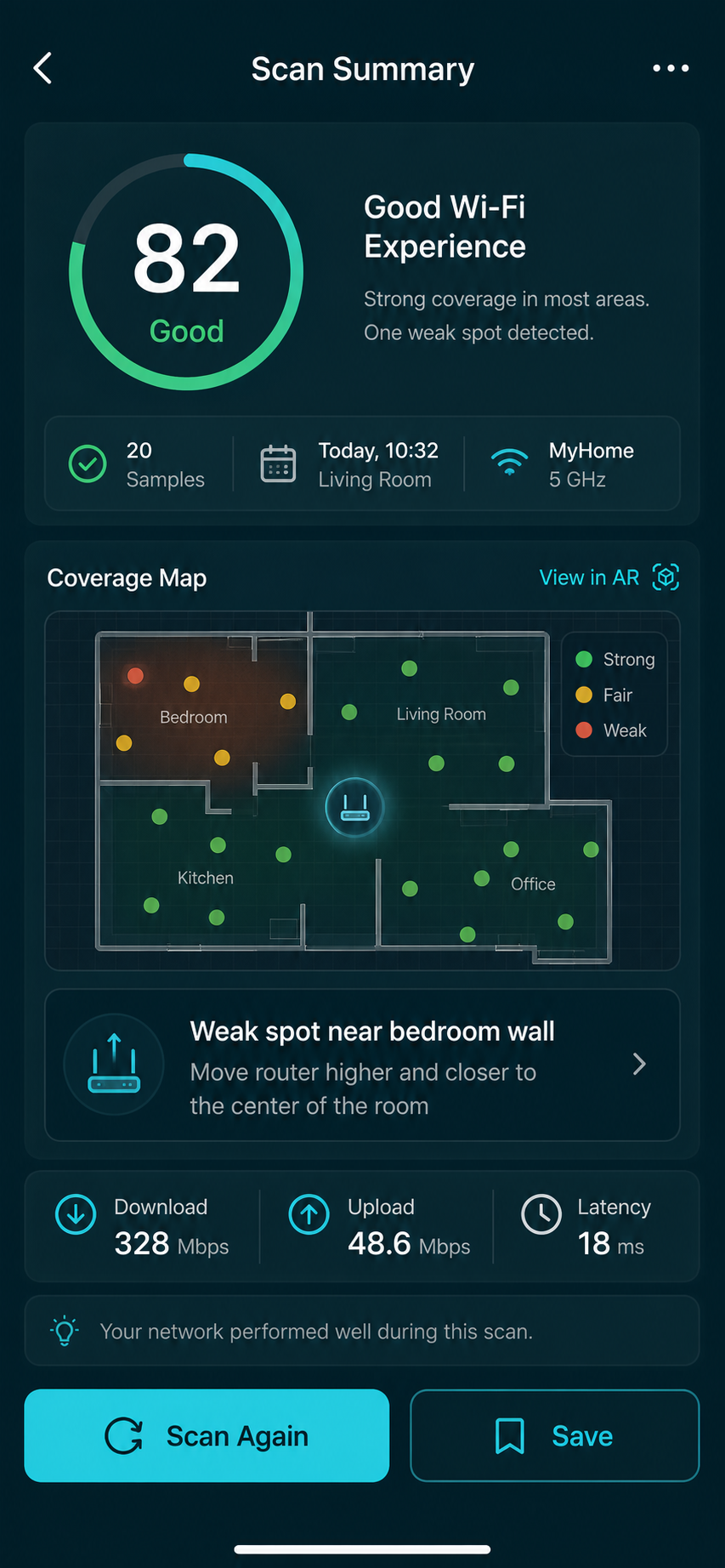 SignalNest scan summary with score, weak spots, and placement advice